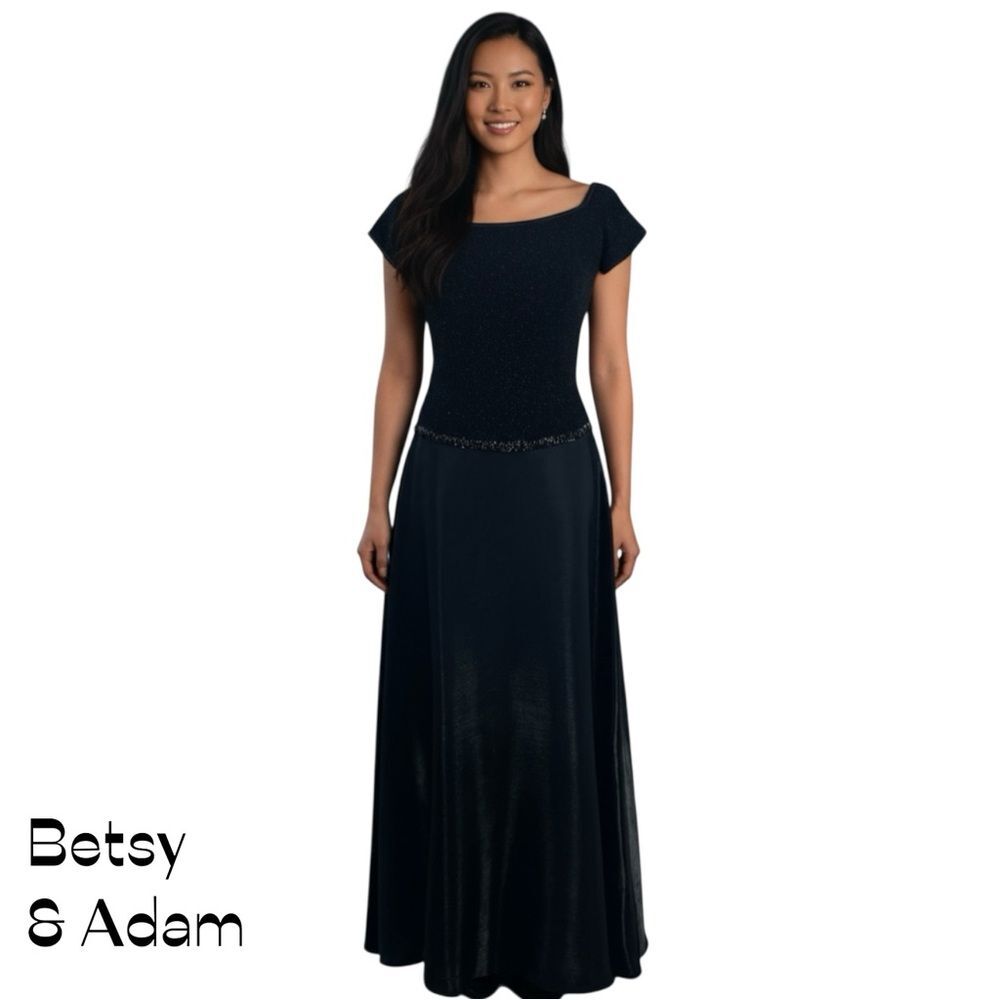 Betsy & Adam Black Short Sleeve Beaded Maxi Dress NWOT Size 4 WhimsiGoth Glam